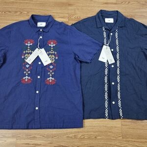 NWT Lot of 2 Folk Navy Blue Embroidered Men's Shirts